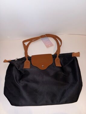 Black Tote Bag with Tan Trim - Women's Everyday Shoulder Tote